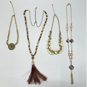 Boho Gold Tone Necklace Lot Medallion Faux Pearls Beads Fringe Tassels Statement